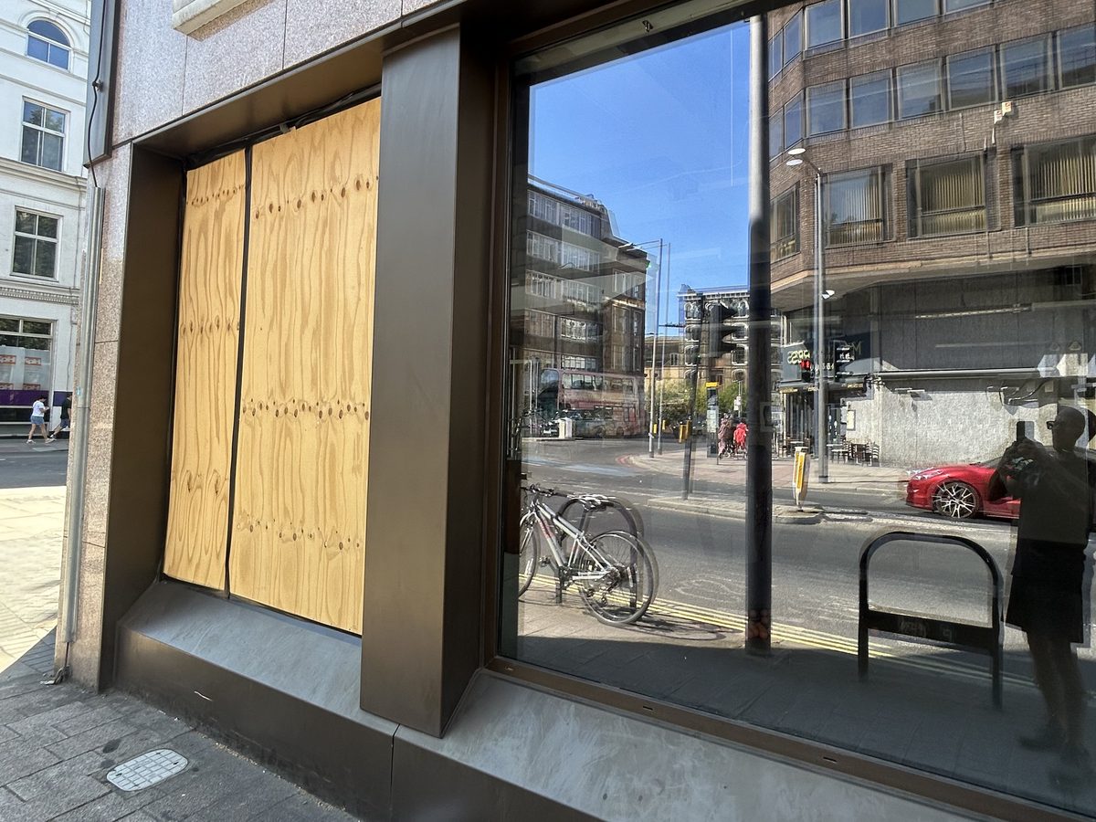 Emergency boarding fitted to a smashed commercial shop front